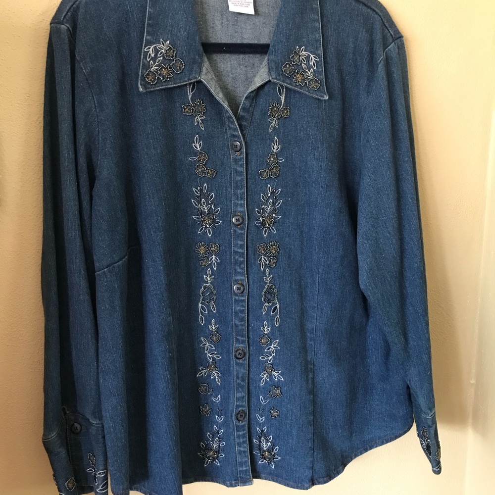 Dark denim long sleeve beaded shirt plus 1X Susan Graver 96% cotton